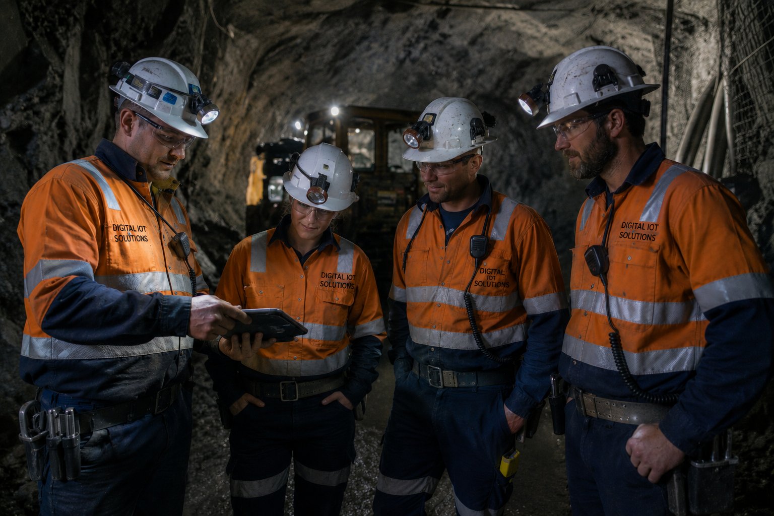 Digital IoT Solutions team of four engineers in safety gear reviewing data underground