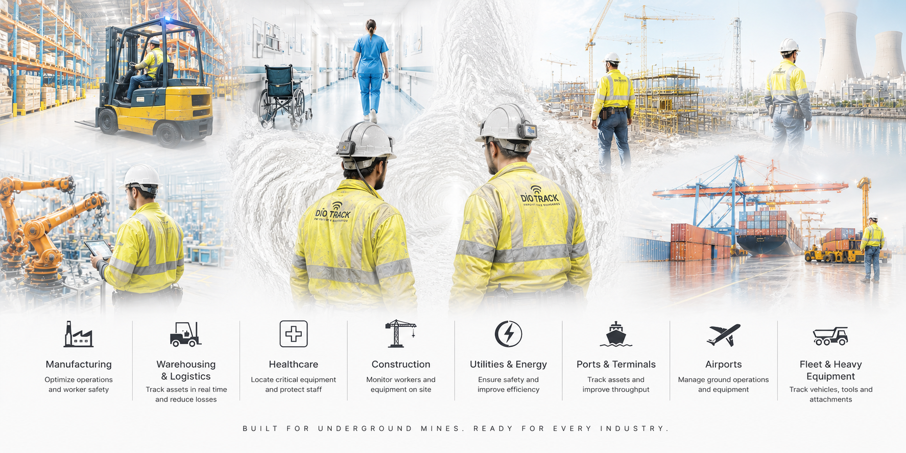 DioTrack BLE RTLS system deployed across warehouses, hospitals, construction sites, and industrial facilities