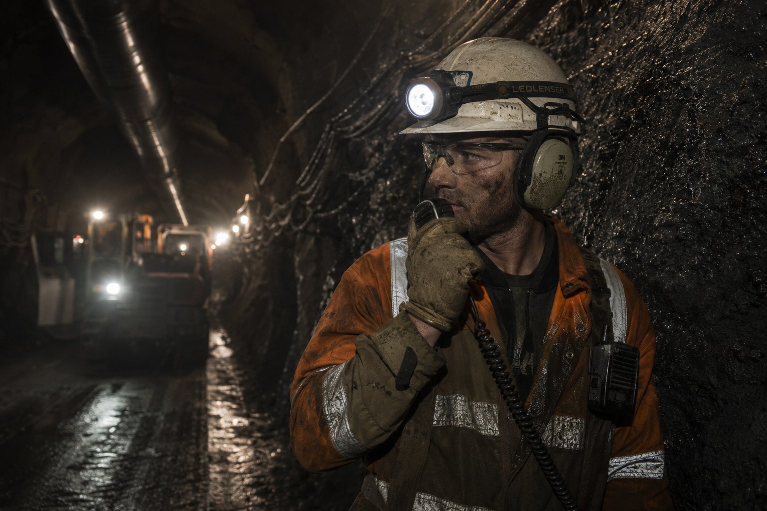 Underground mine worker using a radio handset for voice communication in a mine tunnel