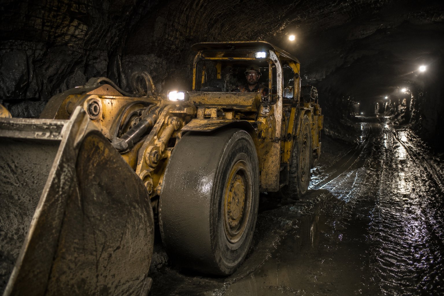 Underground mine worker in safety gear standing inside a mine tunnel