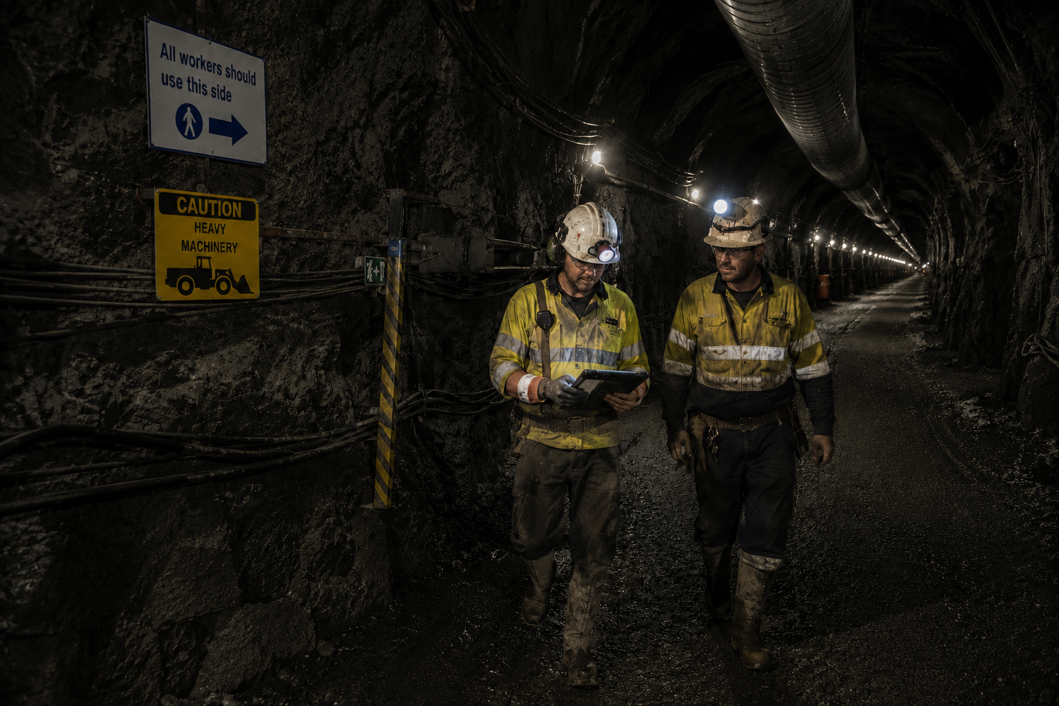 Two underground mine workers walking through a tunnel reviewing data on a tablet
