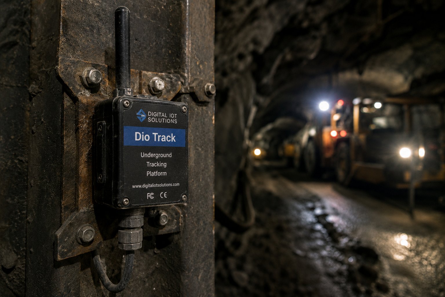 DIO Track underground tracking platform device mounted on a mine tunnel wall