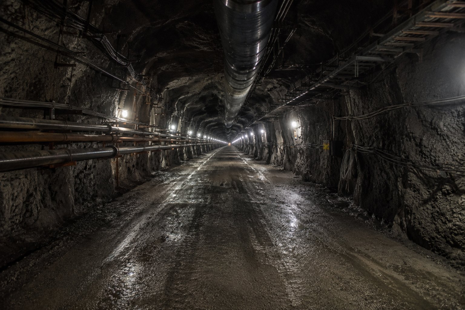 Long underground mine tunnel corridor with infrastructure pipework and lighting